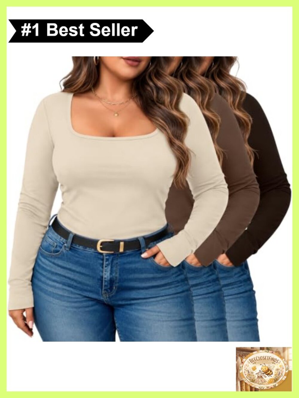 Plus Size Square Neck Long Sleeve Tops Cotton Blend 3 Pack